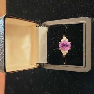 Gold Tone Overlay Ring with 9x6 mm Amethyst w/3CZ Stones on Each Side